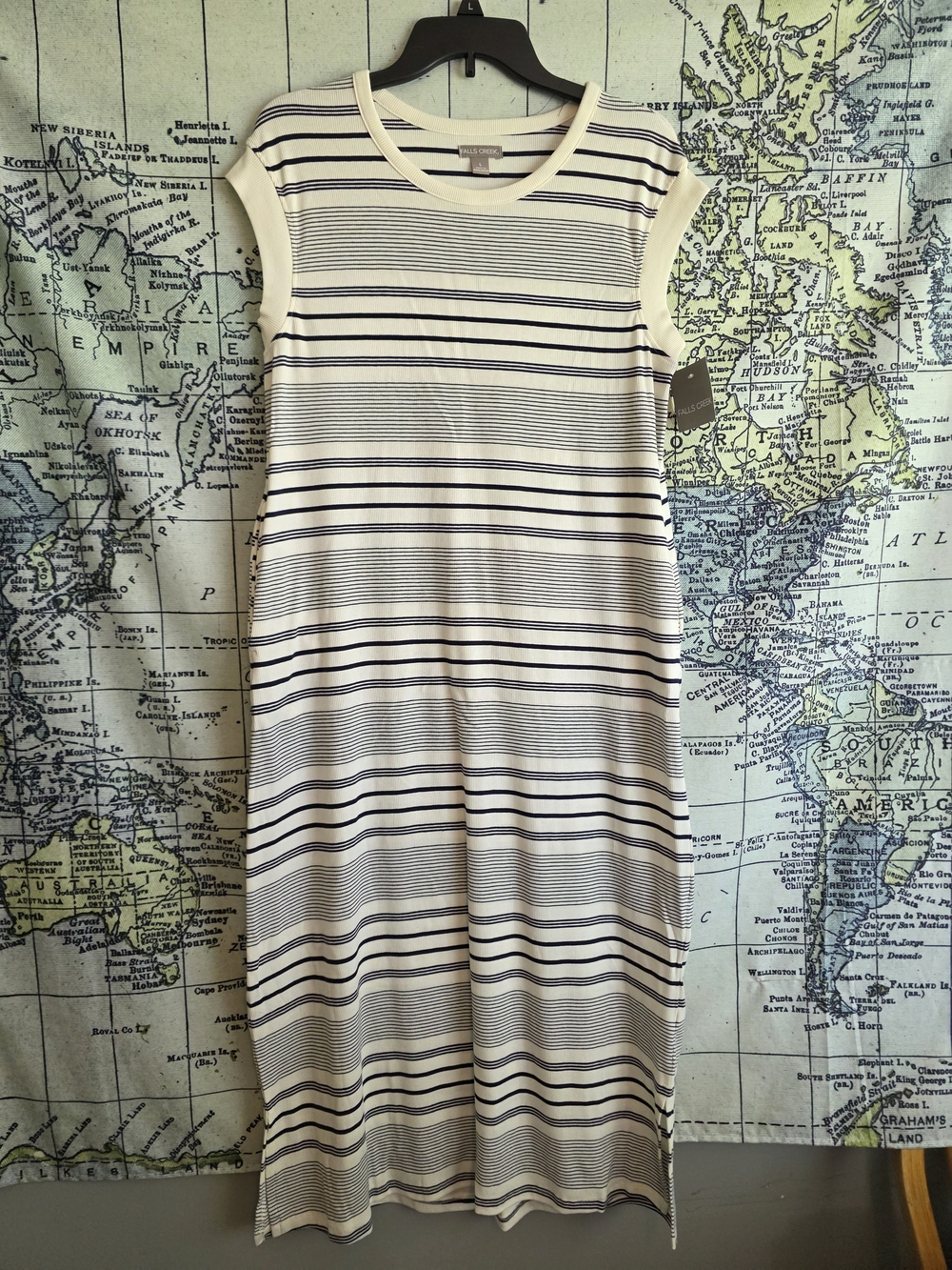 Falls Creek Ivory and Navy Sleeveless Striped Maxi Dress With Pockets!